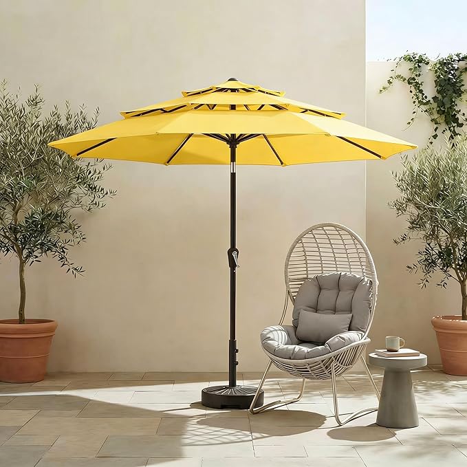 10ft 3 Tier Patio Umbrella, Outdoor Market Table Umbrella with UPF 50+ Vented Canopy, 8 Sturdy Ribs, Easy Push Button Tilt and Crank, Windproof for Deck, Pool, Backyard and Garden