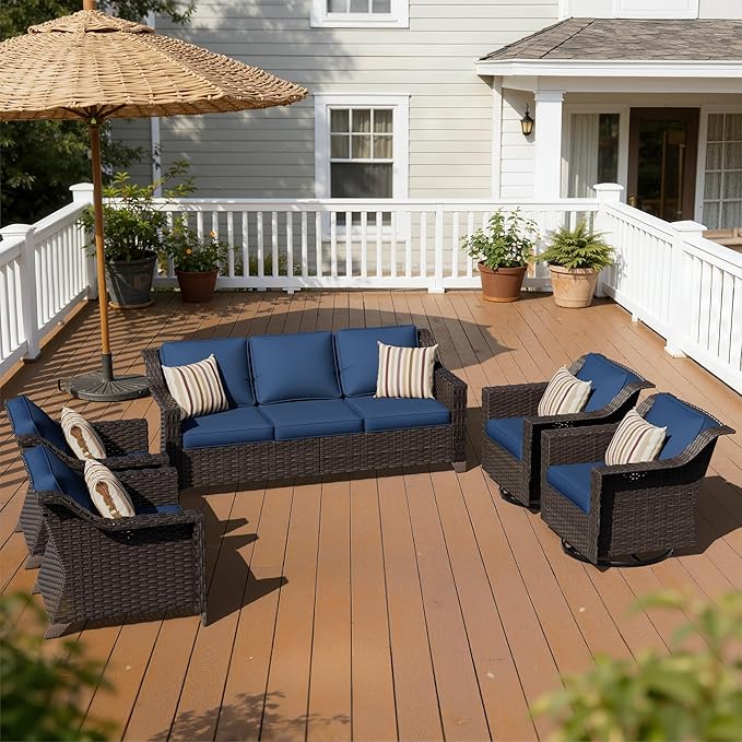 5 Pieces Patio Conversation Furniture Set - 1 Sofa, 2 Armchairs, 2 Swivel Chairs, Outdoor Wicker Furniture with Removable Cushions for Porch, Balcony, Sunroom (Blue)