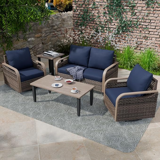 COOS BAY Modern Wicker Outdoor Furniture Set, 5 Piece Patio Conversation Set with 2 Swivel Rockers, a Loveseat, Coffee Table and Side Table, 5 Piece, Brown/Blue
