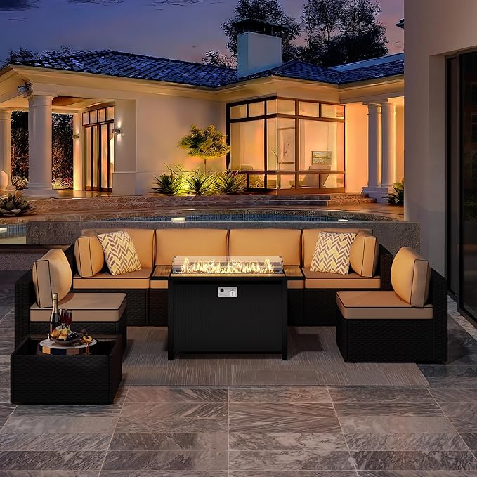 JAMFLY 8 Piece Outdoor Patio Furniture Set with Propane Fire Pit Table, All-Weather PE Wicker Rattan Sectional Sofa Set with Thick Cushions for Backyard, Garden, Poolside(Khaki, Black)