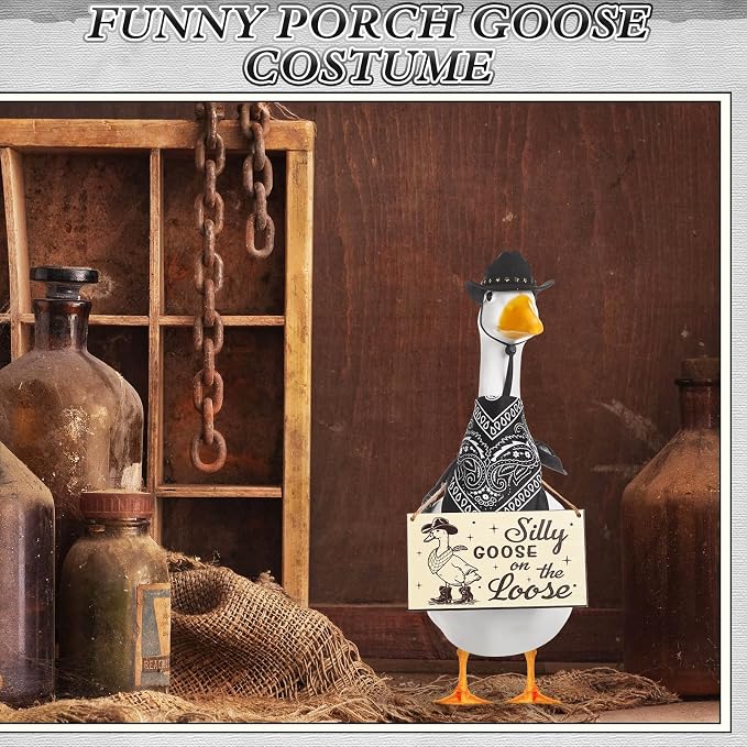 Funny Porch Goose Outfit Decoration Set Silly Goose on The Loose Hangings Sign Cowboy with Outfit Cowboy Hat Bandana for 23" Cement/Plastic Outdoor Statue Patio Yard Lawn Art(Black)