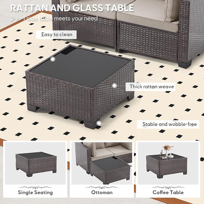 Bonzy Home 3 Pieces Outdoor Patio Furniture Set, PE Rattan Outdoor Sectional Furniture Sofa Set with Removable Cover and Glass Coffee Table, Patio Sofa for Balcony, Porch, Garden, (Brown-Grey)