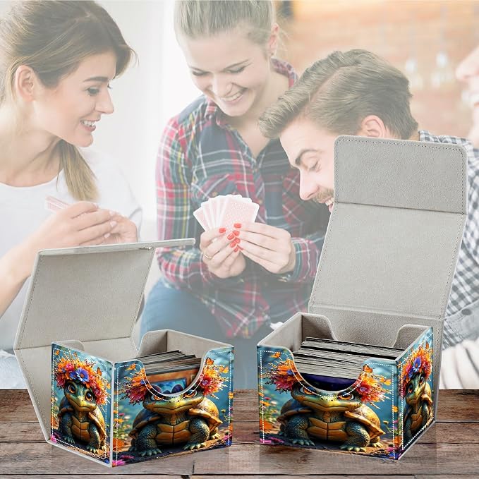 Card Deck Box for MTG, Cards Storage Box Fits 120+ Sleeved, Leather Small Size Strong Magnetic Closing Card Case for Board Games Magic TCG CCG Baseball Collection, Forest Turtle