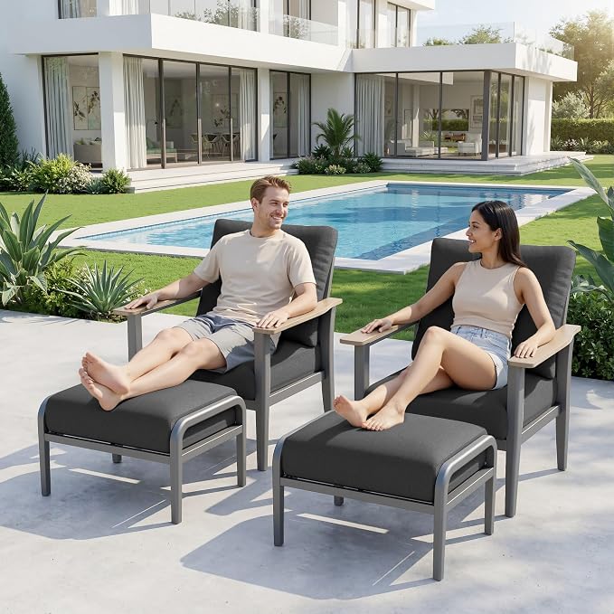 Aluminum Patio Chairs with Ottomans, 4-Piece Outdoor Patio Furniture Set, Modern Lounge Armchairs with Footrests, Wood-Like Armrests & 5.1" Thick Cushions for Porch, Poolside, Black
