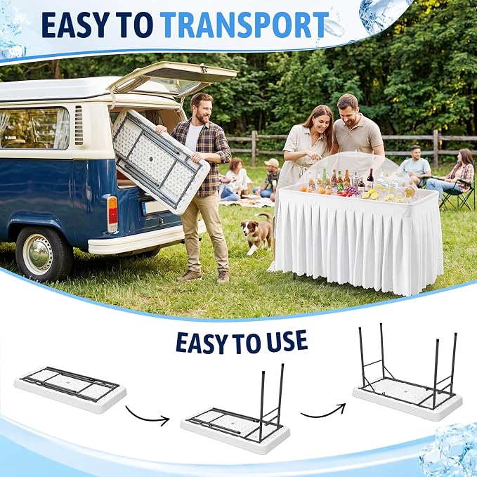 46 Inch Folding Ice Cooler Table with Matching Skirt and Extra Large Mesh Food Cover Plastic Portable Ice Table to Keep Drinks Cool for Party Picnic BBQ Camping Fishing