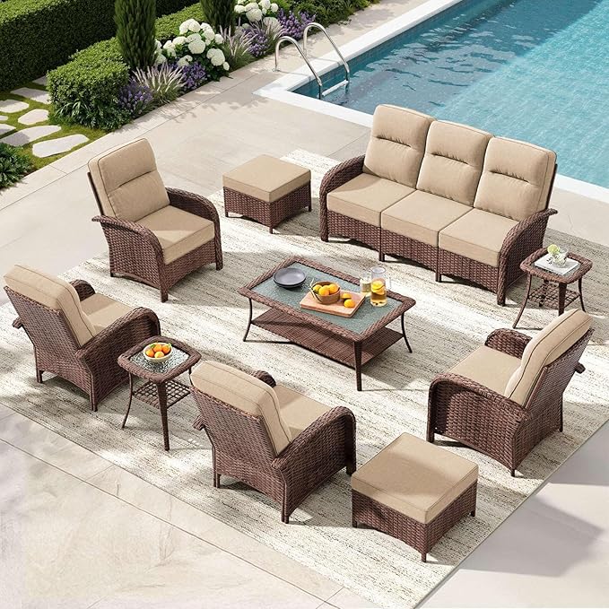 10-Piece Patio Furniture Set with 6-Inch Thick Cushions, High Back Outdoor Couch and Arm Chairs, All-Weather Conversation Set for Porch, Deck, Yard, Pool in Beige