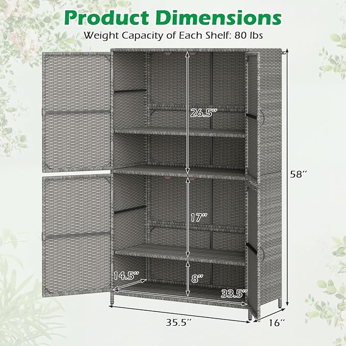 Tangkula Rattan Outdoor Storage Cabinet, Patiojoy Outdoor Cabinet with 2 Adjustable Shelves, 4 Doors, Patio Storage Deck Box Table for Patio Garden Poolside