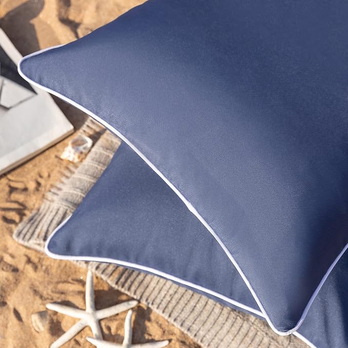 Phantoscope Pack of 2 Outdoor Waterproof Throw Pillow Covers with Contrast Piping, Decorative Square Cushion Case Patio Pillows for Couch Tent, Dark Blue 18x18 inches