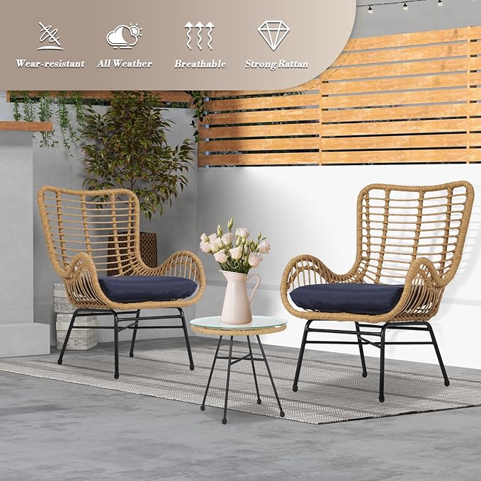 Athena Collection Patio Bistro Sets, 3 Piece All Weather Furniture Set Outdoor Conversation Set Glass Table and Rattan Chairs Set with Soft Cushions for Garden, Poolside, Backyard, Blue