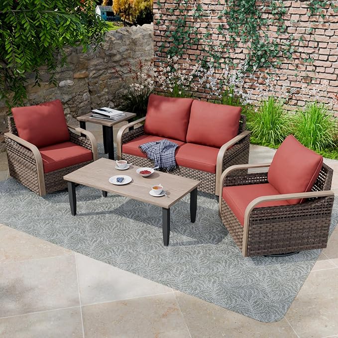 COOS BAY Modern Wicker Outdoor Furniture Set, 5 Piece Patio Conversation Set with 2 Swivel Rockers, a Loveseat, Coffee Table and Side Table, 5 Piece, Brown/Red