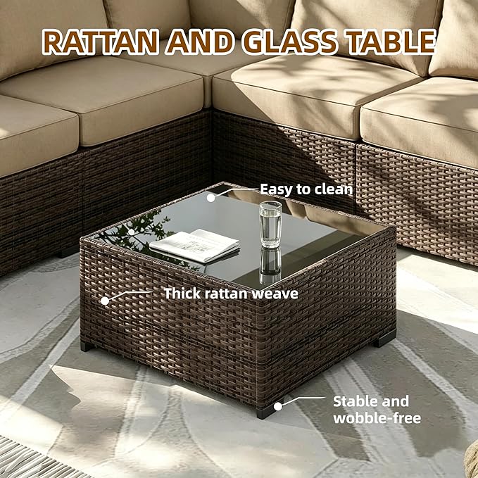 MOCHITO 7 Pcs Outdoor Patio Furniture Sets Brown Rattan Khaki Cushions | All-Weather Sectional Sofa, with Glass Table, PE Rattan Wicker Patio Furniture , Washable Cushions, for Balcony Porch Garden