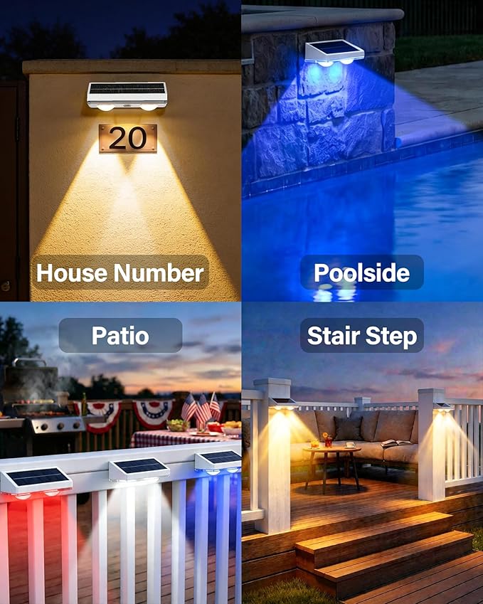 Solar Fence Lights Outdoor, 2 Pack Ultra-Bright 85LM Fence Lights Solar Powered, 9 RGB Color Modes, IP65 Waterproof, 12H Dusk to Dawn Glow for Pool/Deck/Patio/Wall/Backyard - White