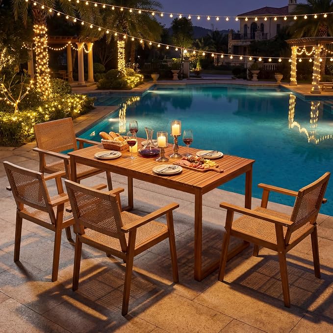 Tangkula 5 Pieces Acacia Wood Outdoor Dining Set, Outdoor Wood Table and Rattan Chairs for 4, Patio Dining Sets for Balcony Poolside Garden Backyard