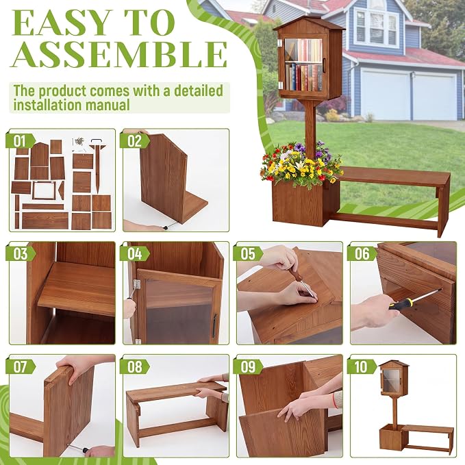 Wonderjune 3-in-1 Little Library Box Outdoor with Bench & Planter DIY Paintable Lending Free Library Pine Wood Neighborhood Share Box Ground Mount Kit for Yard Garden Community School(Dark Brown)