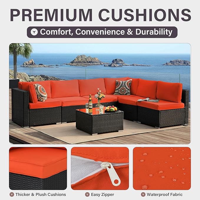 7-Piece Outdoor Patio Furniture Set – Handwoven All-Weather Rattan & 4” Thick Waterproof Cushions, Wicker Outdoor Conversation Sets with Coffee Table for Deck, Backyard, Garden, Black/Orange