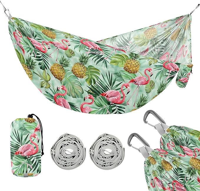 Camping Hammock Outdoor Hammocks for Outside Pink Flamingos Pineapple Beach Trees Portable Lightweight with Pockets Tree Straps Indoor