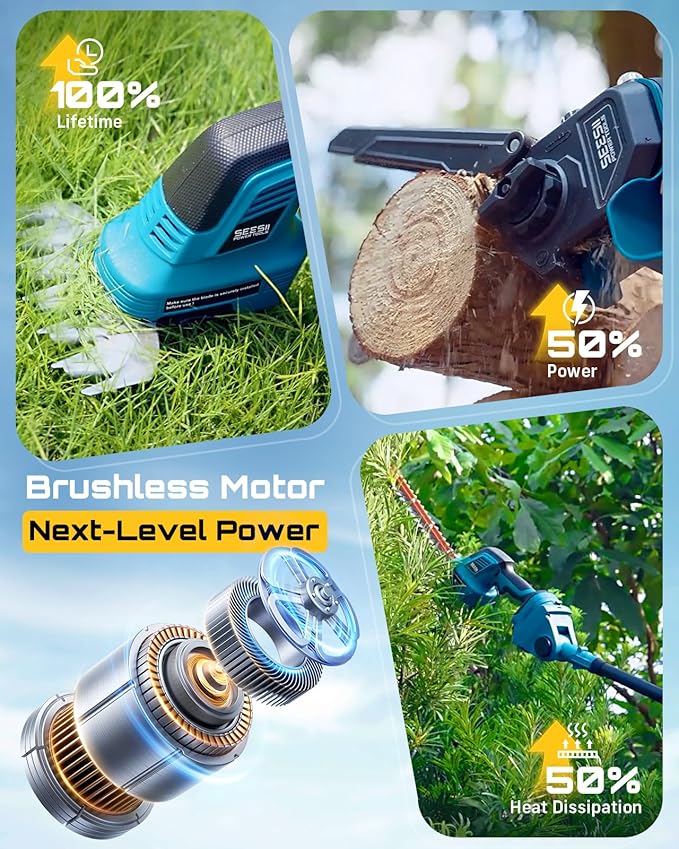 SEESII 6-in-1 Cordless Pole Saw & Hedge Trimmer Combo, Electric Mini Chainsaw with 2×4.0 Ah Batteries, Extendable Tree Pruner, Bush Trimmer Limb Branch Cutter, Grass Shears, 15Ft Long Reach
