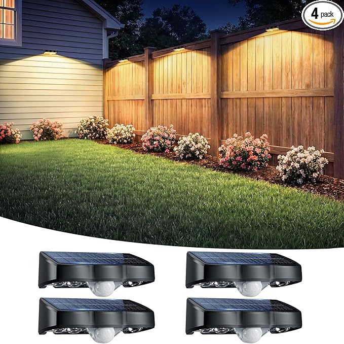 Solar Fence Lights Outdoor with Motion Sensor, 4 Pack Warm White Fence Lights Solar Powered 3 Modes IP65 Waterproof Dusk to Dawn Outdoor Lights for Patio Deck Wall Backyard Garden Decorative