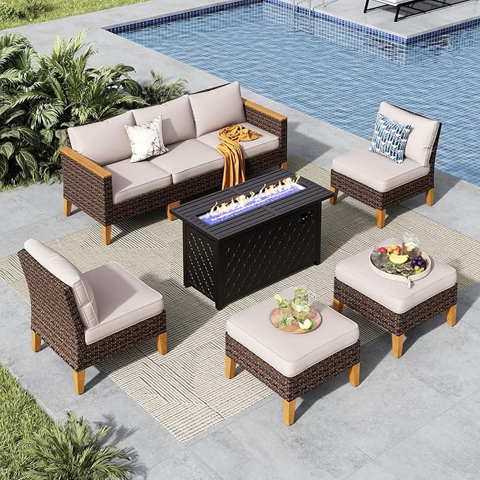 MFSTUDIO 7 Piece Wicker Patio Furniture Set with Fire Pit Table, 2 x Armless Sofa, 2 x Ottoman, 3-Seat Sofa, All-Weather Outdoor Rattan Patio Conversation Set for Garden, Backyard(Beige Cushions)