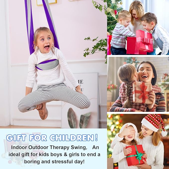 Therapy Swing Hammock Kids Cuddle Sensory Swing Indoor Therapeutic Hammock 360° Rotating Double Layer Elastic Rocking Cloth Swing Gifts for Children with ADHD SPD Asperger Autism (Purple+Grey)