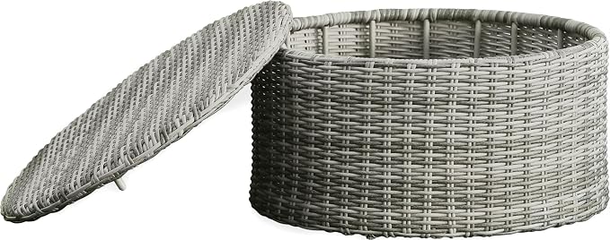 Pemberly Row Contemporary Outdoor Coffee Table, 30-Inch Round Wicker Top, Gray Finish, Weather-Resistant, Hidden Storage, Rust-Resistant Metal Frame, Adjustable Feet, Modern Patio Furniture