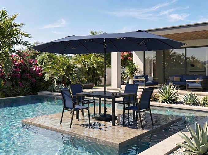PURPLE LEAF 14ft Patio Market Umbrella with Base Double-Sided Rectangle Outdoor Table Sun Umbrellas with Crank 12 Heavy Duty Sturdy Ribs for Pool Beach Deck Backyard Navy Blue