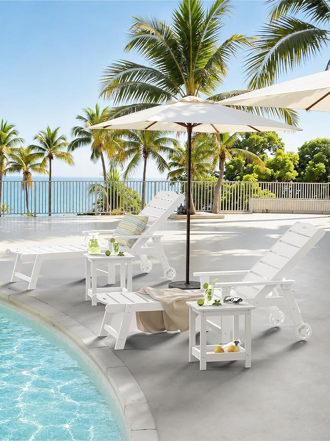LUE BONA Outdoor Side Table, 2-Tier HDPE Small Outdoor End Table with Rail for Patio, Deck, Poolside, Low Maintenance & Weather Resistant, White