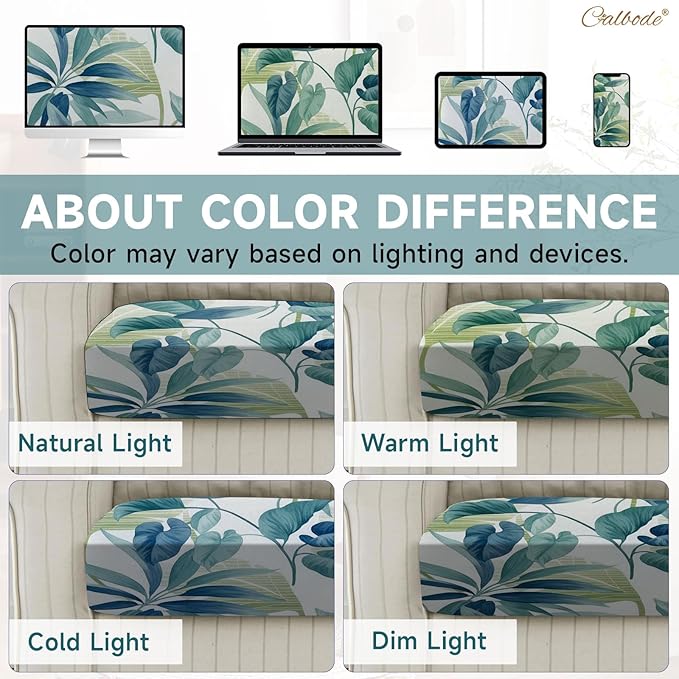 CALBODE 14 Pcs Stretch Outdoor Seat Cushion Covers, Botanical Chair Seat Cover for Patio Furniture Cushions Washable Reusable Indoor and Outdoor Couch Cover Replacement (Blue Leaves, Cover Only)