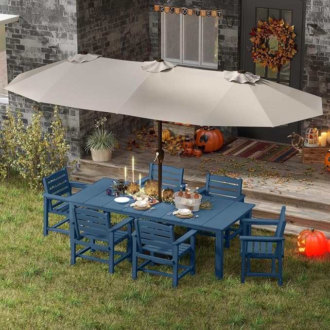 7-Piece Outdoor Dining Set with 15FT Umbrella for 6,Navy Blue | 75.2'' HDPE table, chairs included, weather-resistant furniture with hole, ideal for lawn, poolside, yard, garden, deck