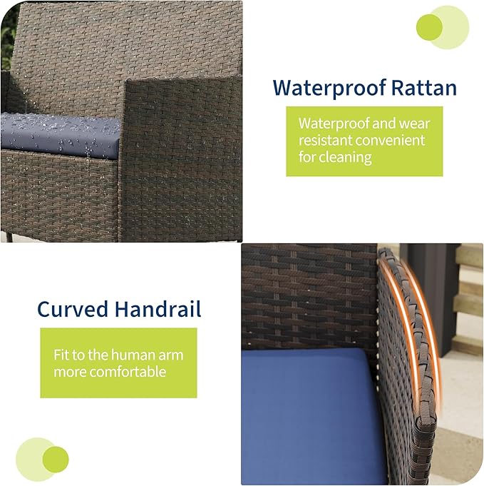 4-Piece Outdoor Furniture Set, PE Rattan Wicker Chairs with Soft Cushions & Tempered Glass Coffee Table - All-Weather Patio Set for Garden, Backyard, Porch, Poolside (Brown/Navy Blue)