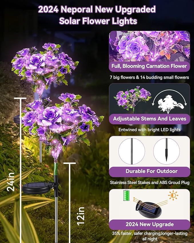 Neporal Solar Light Outdoor - 2 Pack Solar Garden Lights with Purple Carnation Solar Flowers, Solar Lights Outdoor Waterproof IP65, Solar Outdoor Lights Decorative for Outdoor Garden Decoration.