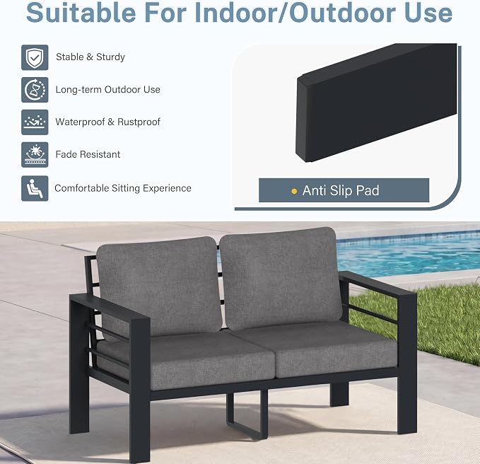 Patio Furniture Aluminum Loveseat, Modern Patio Patio Furniture with 3.54” Wide Seat and Thick Cushions, All-Weather Outdoor 2 Seats Sofa Couch for Deck, Porch