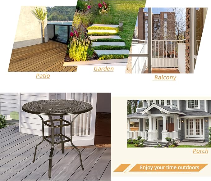 Cast Aluminum Patio Bar Table, 38.5" Outdoor Bar Height Bistro Table with 2" Umbrella Hole, Patio Bistro Round High Top Dining Table Pub Table for Porch Balcony Backyard, Dark Bronze