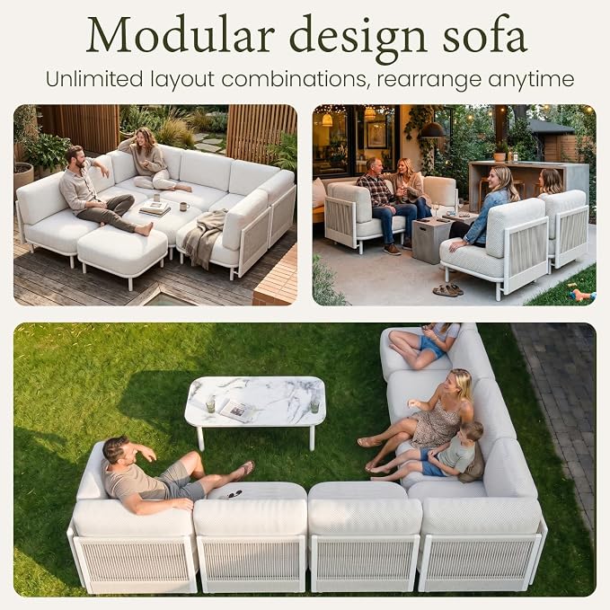 LayinSun 9 Pieces Patio Furniture Set with Coffee Table, Modern Outdoor Modular Sectional Conversation Set L-Shaped Sofa with 7-inch Cushion for Garden Backyard Deck