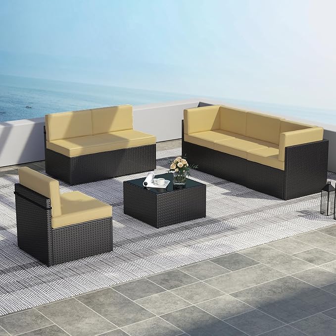 Kinsuite 7Pcs Patio Conversation Set - Wicker Backyard Furniture Outdoor Furniture with Cushions, All-Weather Couch Set with Coffee Table for Garden, Lawn, Deck, Khaki