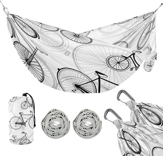 Bike Print Camping Hammock, Portable Lightweight Single Hammock with Tree Straps and Aluminum Carabiners, 114" x 54" Travel Hammock for Hiking Backpacking Beach