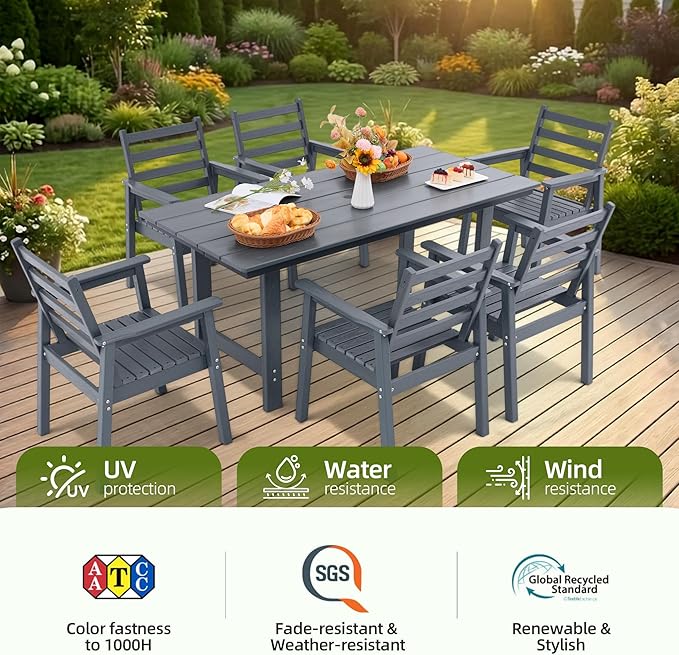10-Piece Outdoor Dining Set, All-Weather HDPE Patio Furniture, Two 66.5" Slatted Table with 1.6" Umbrella Hole & 8 Ergonomic Armchairs, Heavy Duty 350lbs Capacity, UV Resistant, Gray