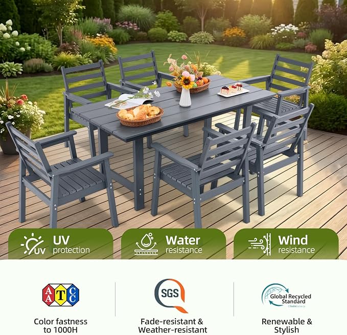 12-Piece Outdoor Dining Set, All-Weather HDPE Patio Furniture, Two 66.5" Slatted Table with 1.6" Umbrella Hole & 10 Ergonomic Armchairs, Heavy Duty 350lbs Capacity, UV Resistant, Gray