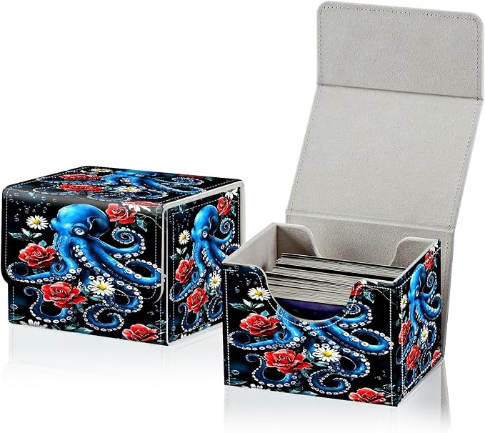 Card Deck Box for MTG, Cards Storage Box Fits 120+ Sleeved, Leather Small Size Strong Magnetic Closing Card Case for Board Games Magic TCG CCG Baseball Collection, Rose Octopus