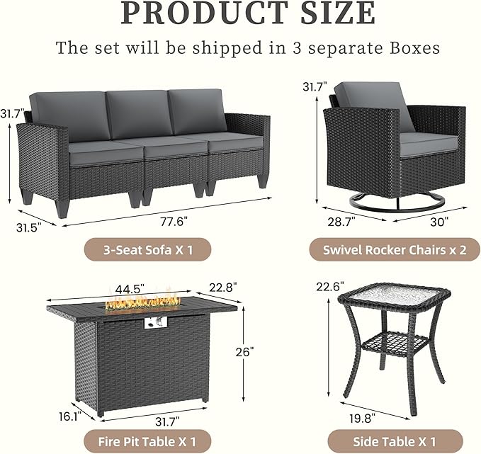 UDPATIO Patio Furniture Set with Fire Pit Table, Rocking Swivel Chairs, 5 Pieces Outdoor Furniture Sets, All-Weather Wicker Outdoor Sectional Sofa with Waterproof Cover, 4'' Thickened Cushion, Grey
