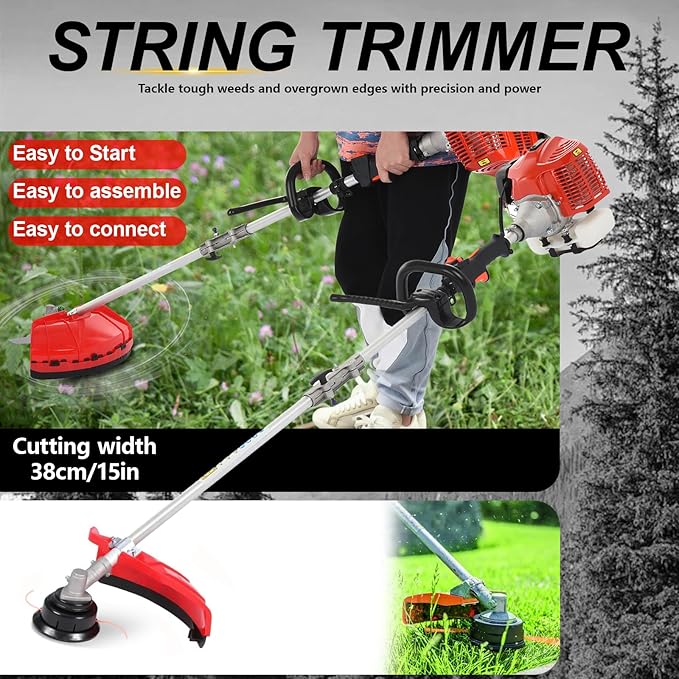 Weed Eater Gas Powered 52cc - 2 Cycle, 5 in 1 Grass Trimmer, Gas Hedge Trimmer, String Trimmer, Brush Cutter, Chainsaw with Extension Pole, Multi Functional Tools for Easy Lawn, Yard & Garden