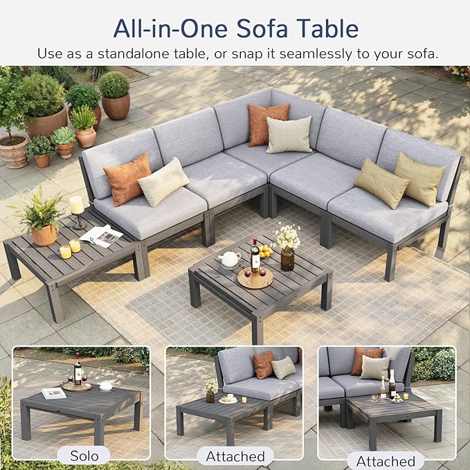 Stoog Patio Furniture Set, 6-Piece All-Weather Outdoor Sectional Sofa Set - Modular & Waterproof HIPS Frame, Quick-Dry Olefin Cushions, Grey
