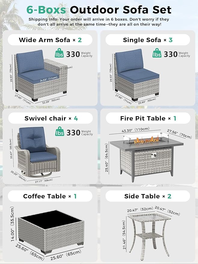 13 Piece Outdoor Wicker Rattan Sectional Sofa Set with Swivel Chairs & Fire Pit Table, 9-Seats with 4" Thickened Cushions & Coffee Table, All-Weather PE Rattan for Garden, Backyard, Porch, Blue