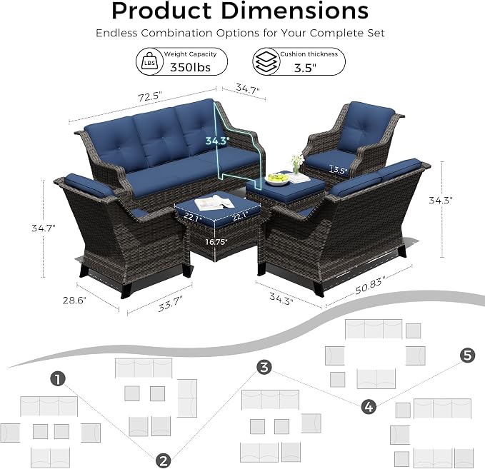 Outdoor Patio Furniture Set, 6 Piece Wicker Patio Furniture with Thick Cushions, Curved Armrest, Deep Seating, Rattan Outdoor Chairs for Porch, Deck, Balcony
