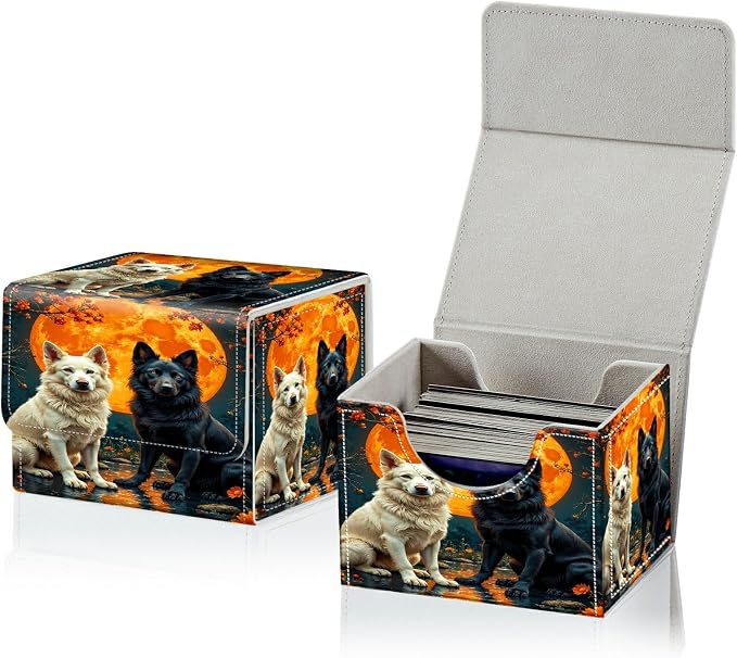 Card Deck Box for MTG, Cards Storage Box Fits 120+ Sleeved, Leather Small Size Strong Magnetic Closing Card Case for Board Games Magic TCG CCG Baseball Collection, Black White Wolf