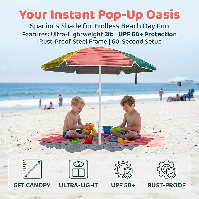 LOTTAFUN Water Table Kid Umbrella 5ft Beach Umbrella Diameter 0.99-1.2 Inch Pole Resistant UV 50+ Portable Sun Shade with Sand Anchor & Carry Bag, Outdoor Folding Umbrella for Beach,Pool,Patio,Garden (3 Color Block) NO Tilt The sand needs to be over 5 ...