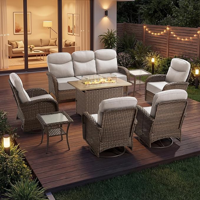 High Back Luxury Patio Furniture Set with 41"Fire Pit Table, 6-Inch Cushion Swivel Rocker Patio Chairs Set of 4 with Outdoor Couch, 8 Piece Wicker Conversation Set for Deck Yard Garden Balcony
