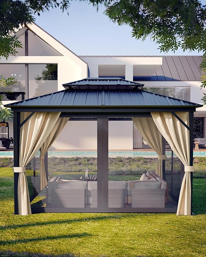 GarveeLife 12 ft x14 ft Hardtop Gazebo for All Weather, with Double Metal Roof, Aluminum Alloy Frame, Net, and Curtain, Permanent Building for Patio, Deck, Backyard, Lawn, and Garden, Khaki