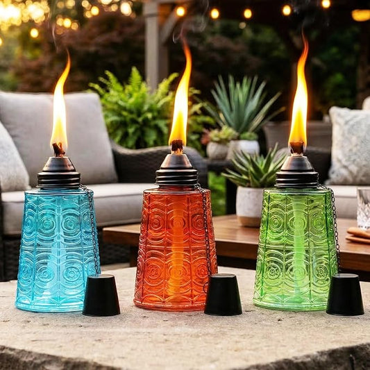 Seraphic Citronella Table Top Torches for Outdoor Patio, 16oz Decorative Glass Torch Citronella Candles for Outside Deck, Garden, Parties, Set of 3, Blue/Amber/Green
