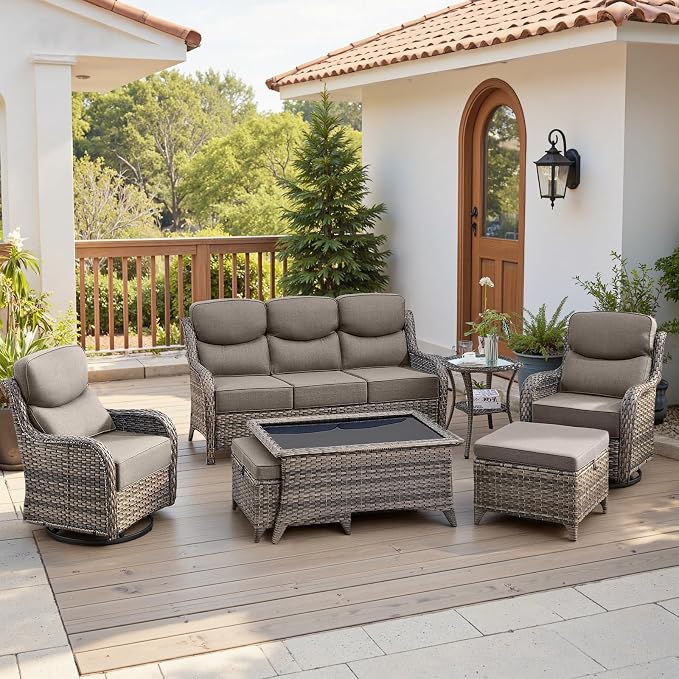 Belord Luxury 6" Thick Cushioned 7 Pieces Patio Furniture Set with Outdoor Couch, Wicker Outdoor Conversation Set with High Back Swivel Rocker Chairs for Deck Porch Yard and Poolside - Grey+Grey